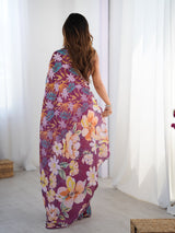 Wine Chinnon Floral Saree with Kutchi Mirror Work Border