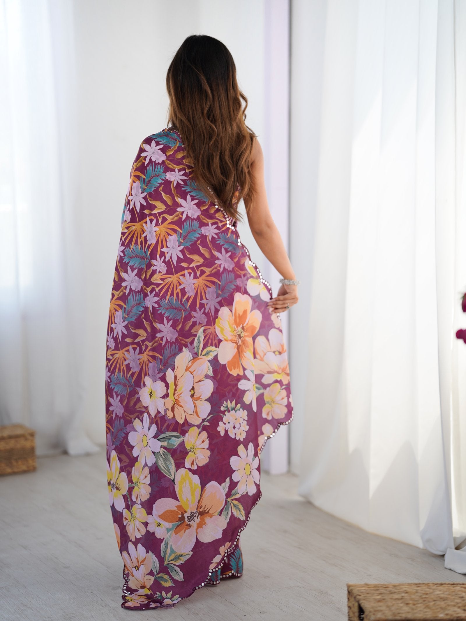Wine Chinnon Floral Saree with Kutchi Mirror Work Border