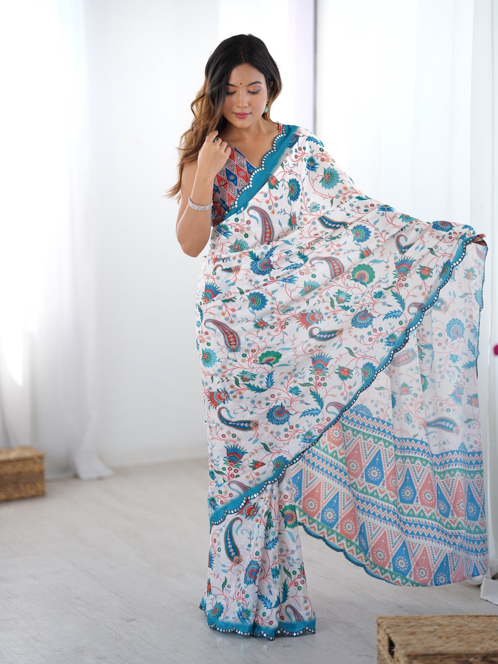 DVS-33 Multicolor Printed Chinnon Saree with Mirror Work