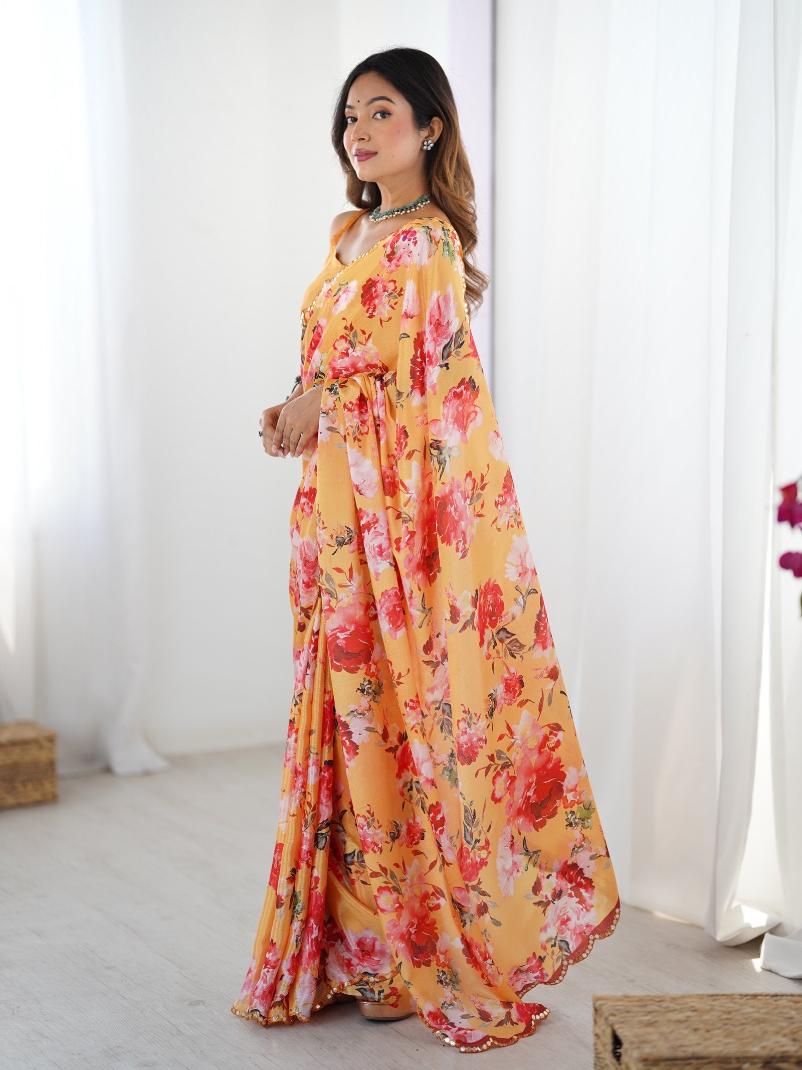Yellow Floral Printed Chinnon Saree with Kutchi Mirror Work Border