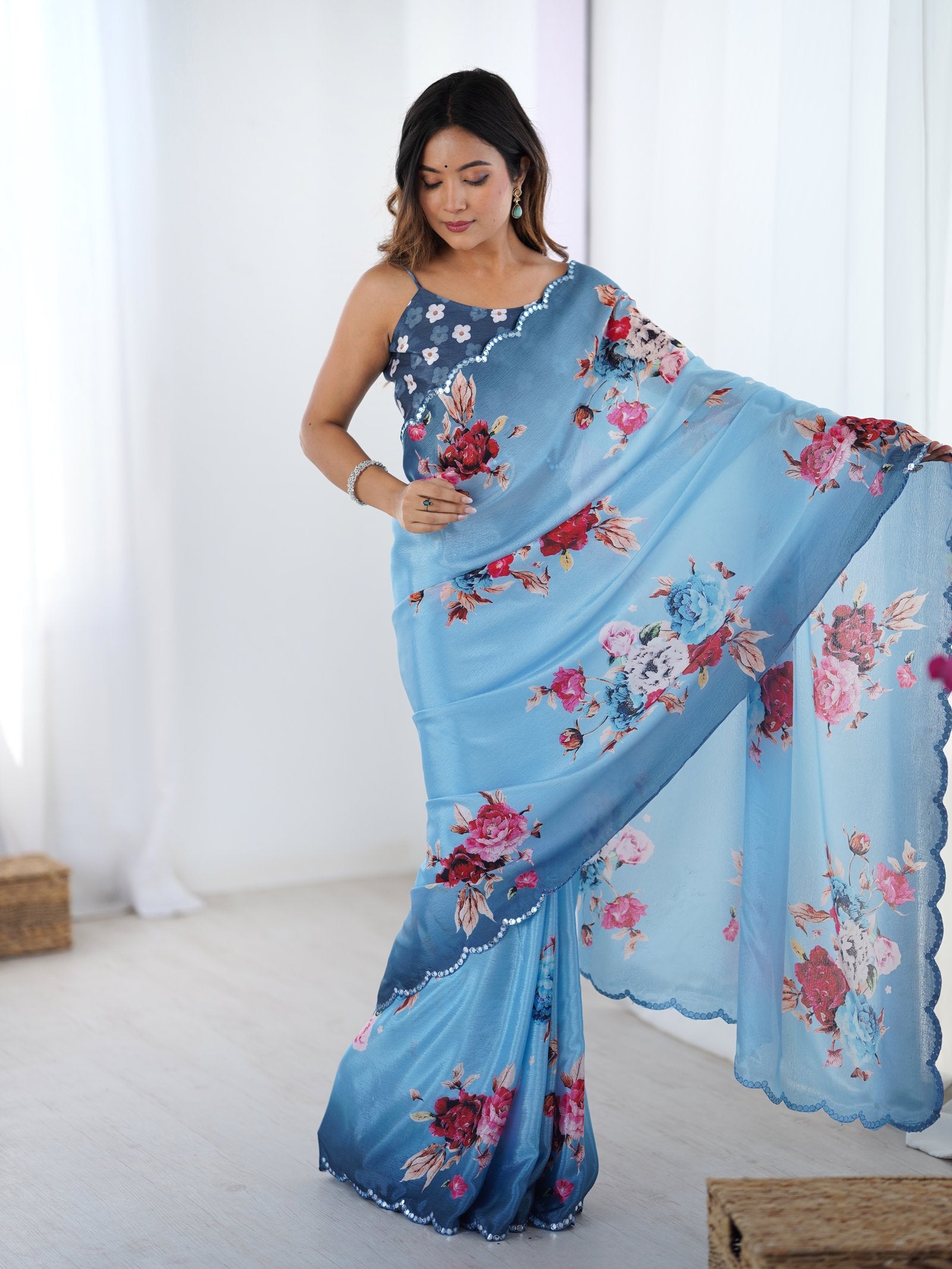 Sky Blue Chinnon Saree with Floral Print & Kutchi Mirror Work
