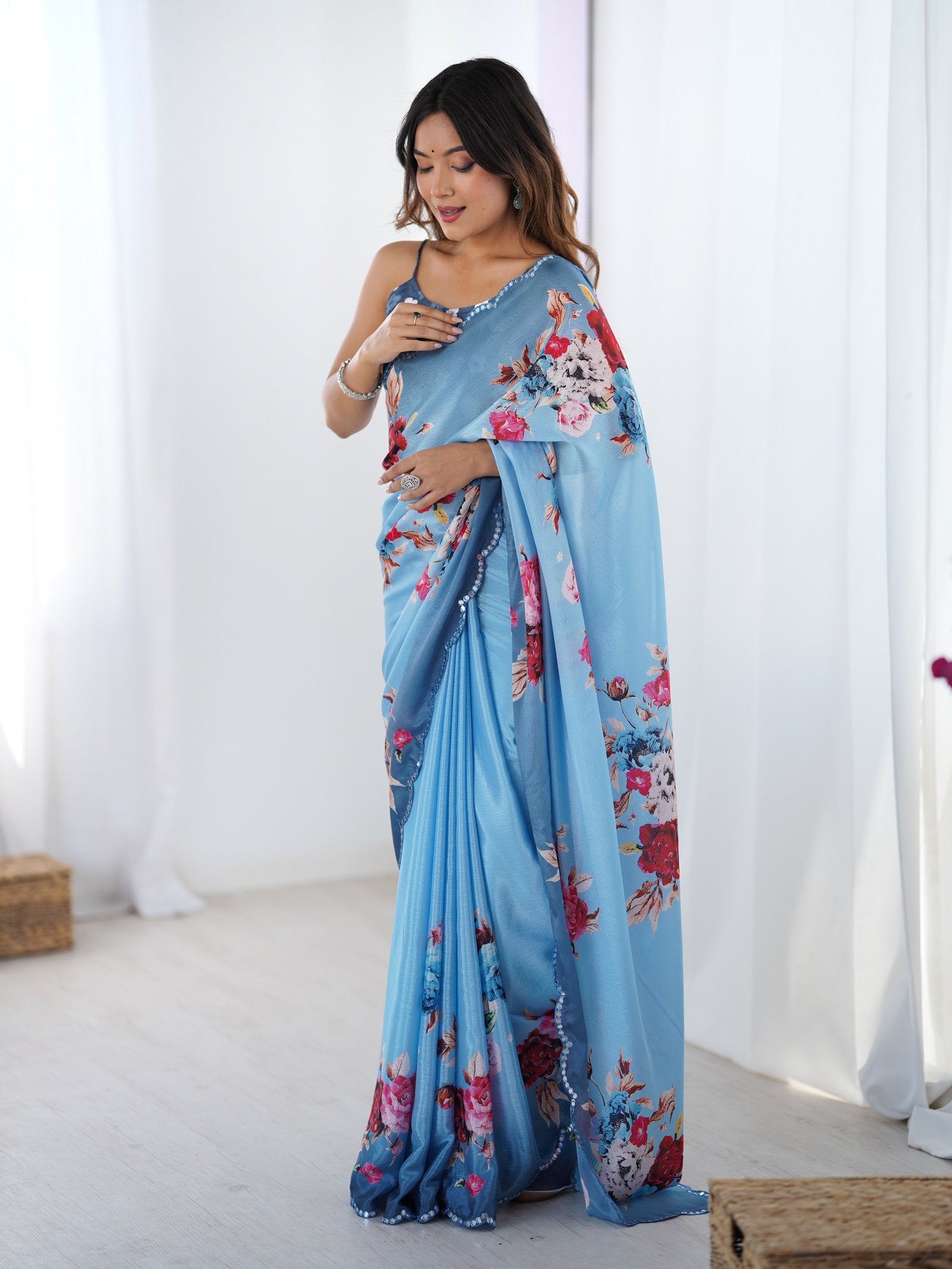 Sky Blue Chinnon Saree with Floral Print & Kutchi Mirror Work