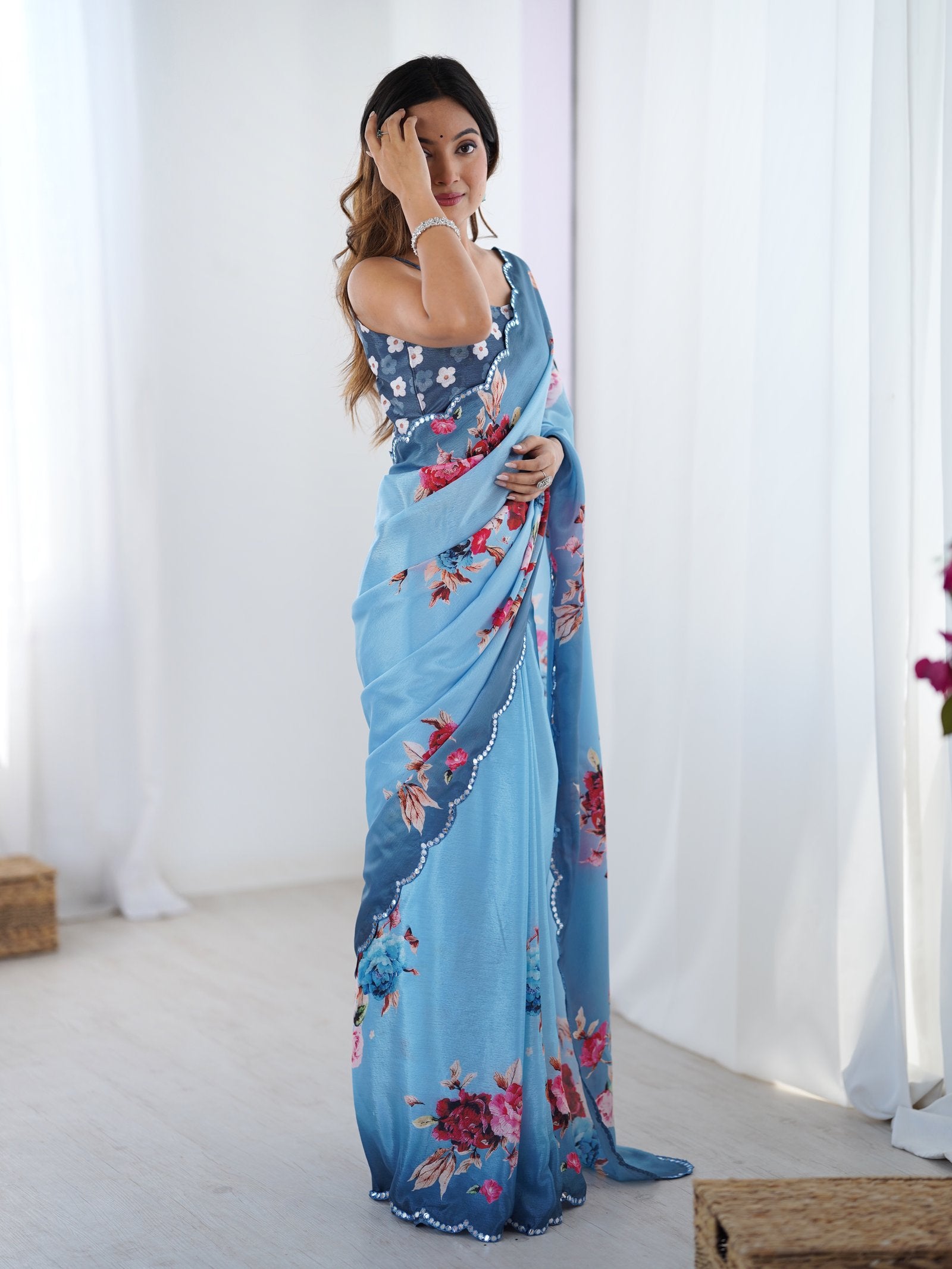 Sky Blue Chinnon Saree with Floral Print & Kutchi Mirror Work