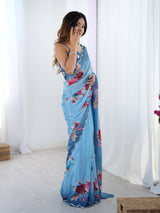 Sky Blue Chinnon Saree with Floral Print & Kutchi Mirror Work