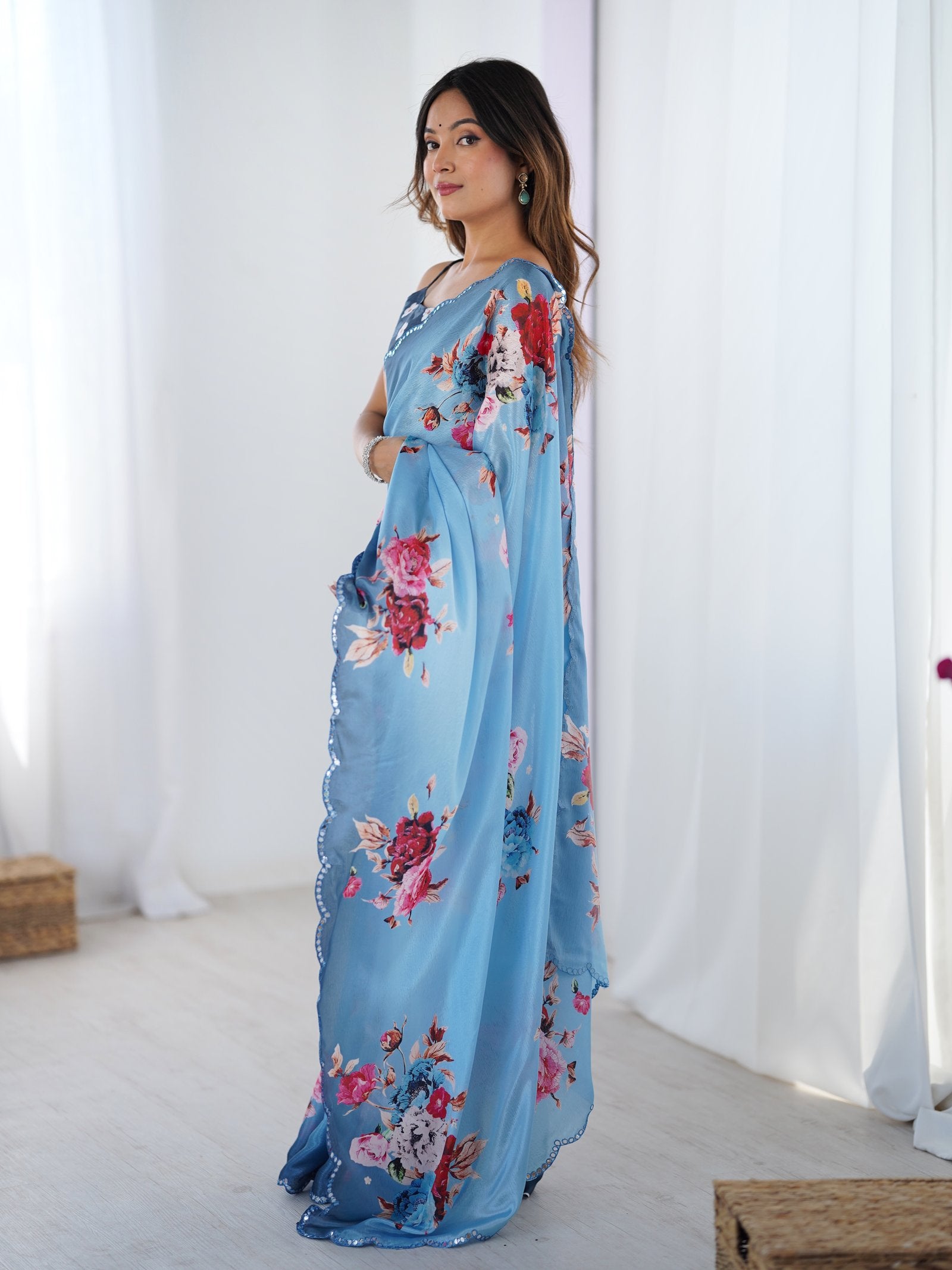 Sky Blue Chinnon Saree with Floral Print & Kutchi Mirror Work