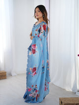 Sky Blue Chinnon Saree with Floral Print & Kutchi Mirror Work