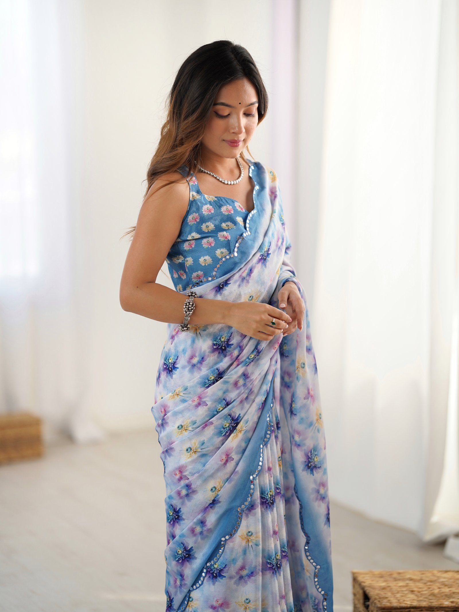 Multicolor Floral Print Heavy Chinnon Saree with Mirror Lace Border
