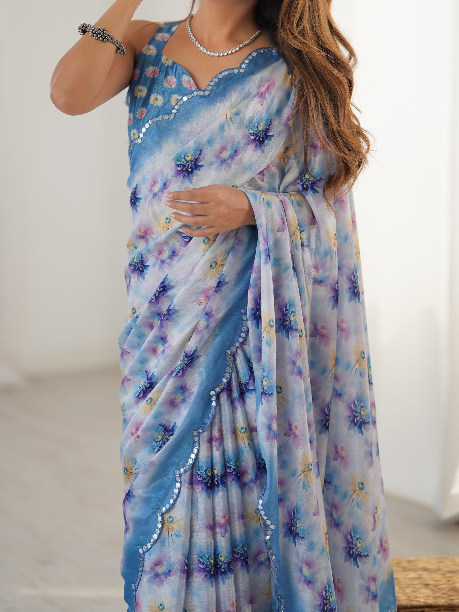 Multicolor Floral Print Heavy Chinnon Saree with Mirror Lace Border