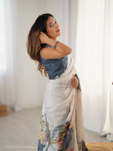 Cream Chinnon Saree with Floral Print & Mirror Work