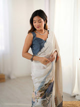 Cream Chinnon Saree with Floral Print & Mirror Work