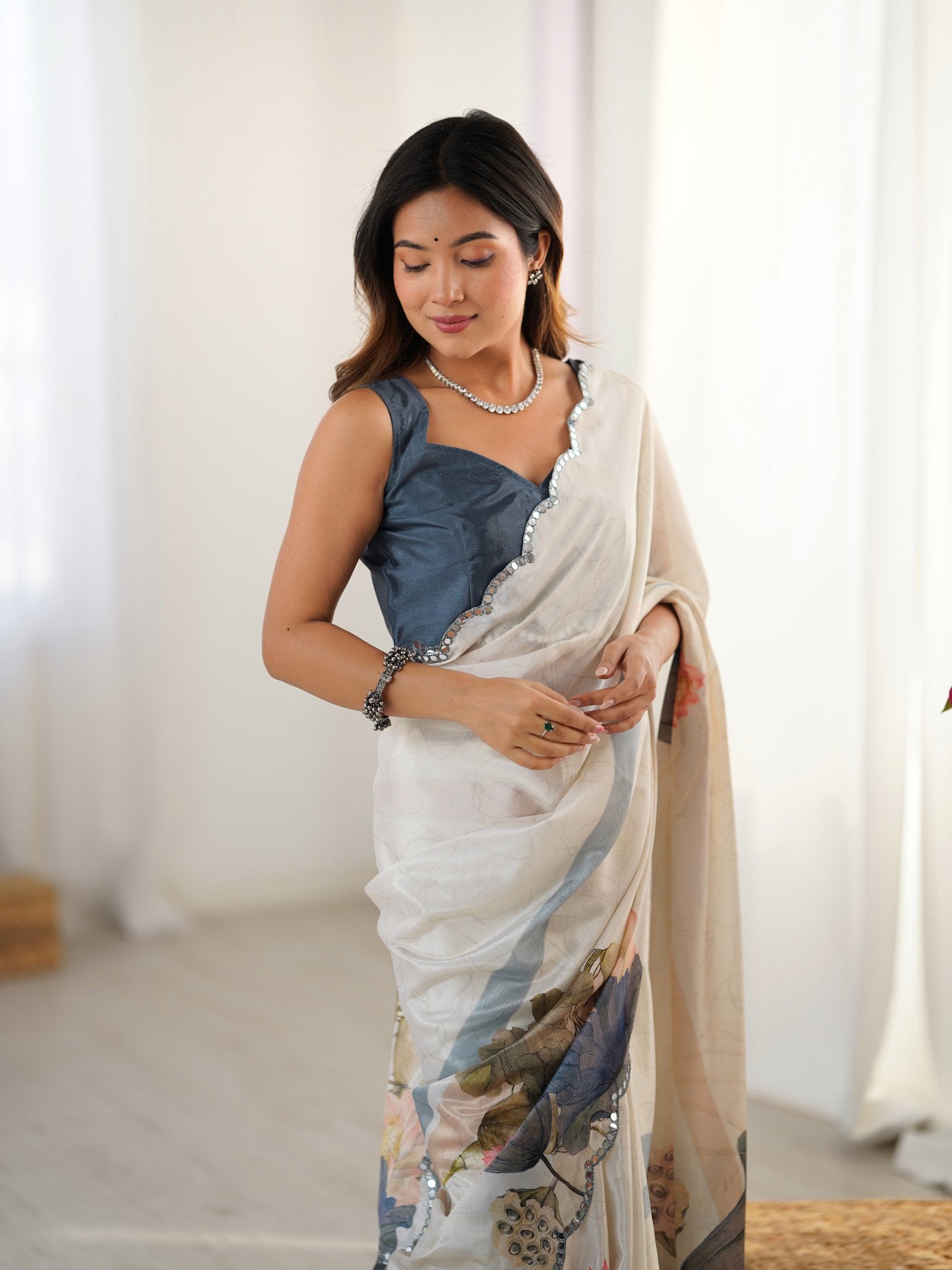 Cream Chinnon Saree with Floral Print & Mirror Work