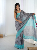 Elegant Grey Chinnon Saree with Aqua Scalloped Mirror Work Blouse