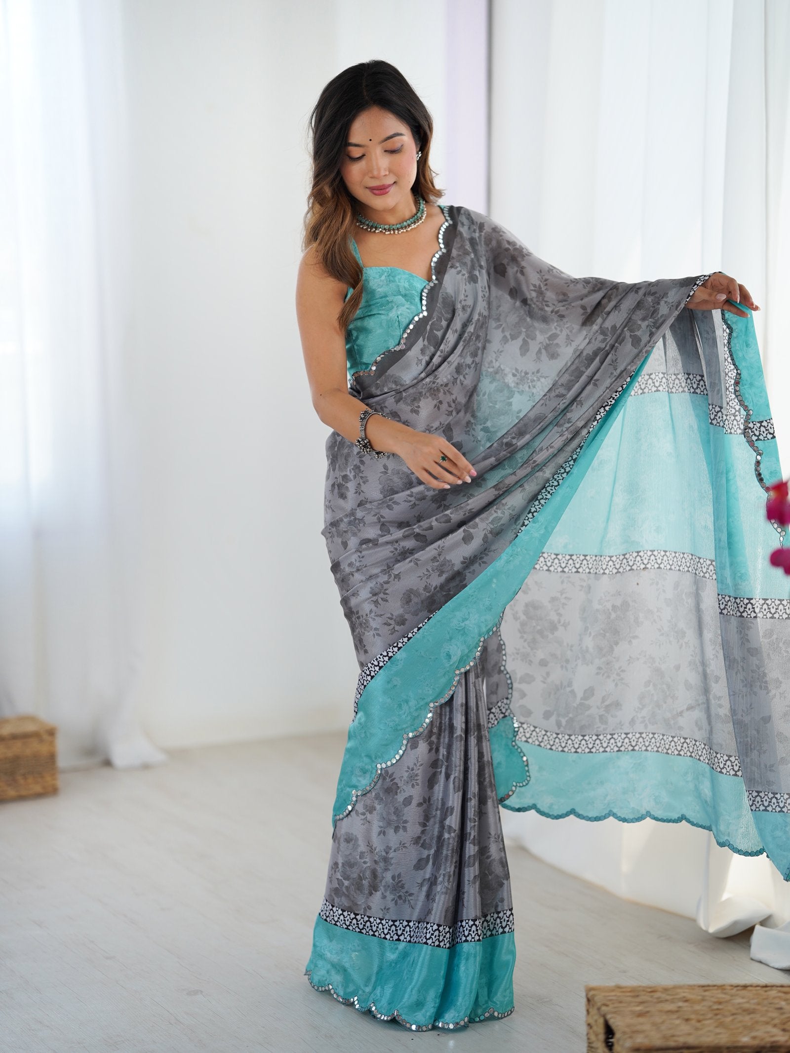 Elegant Grey Chinnon Saree with Aqua Scalloped Mirror Work Blouse