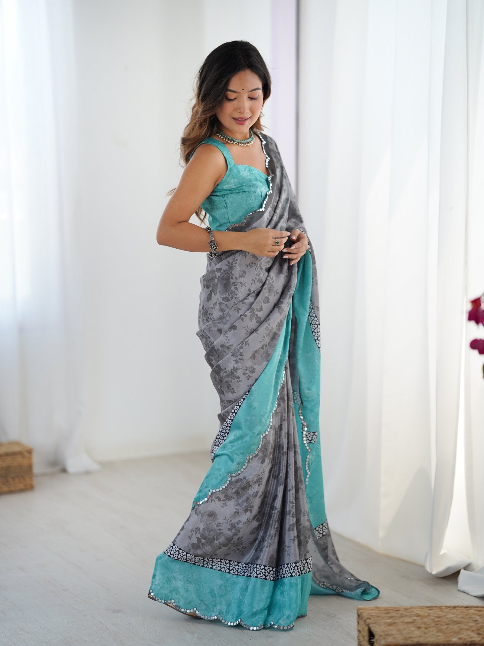 Elegant Grey Chinnon Saree with Aqua Scalloped Mirror Work Blouse