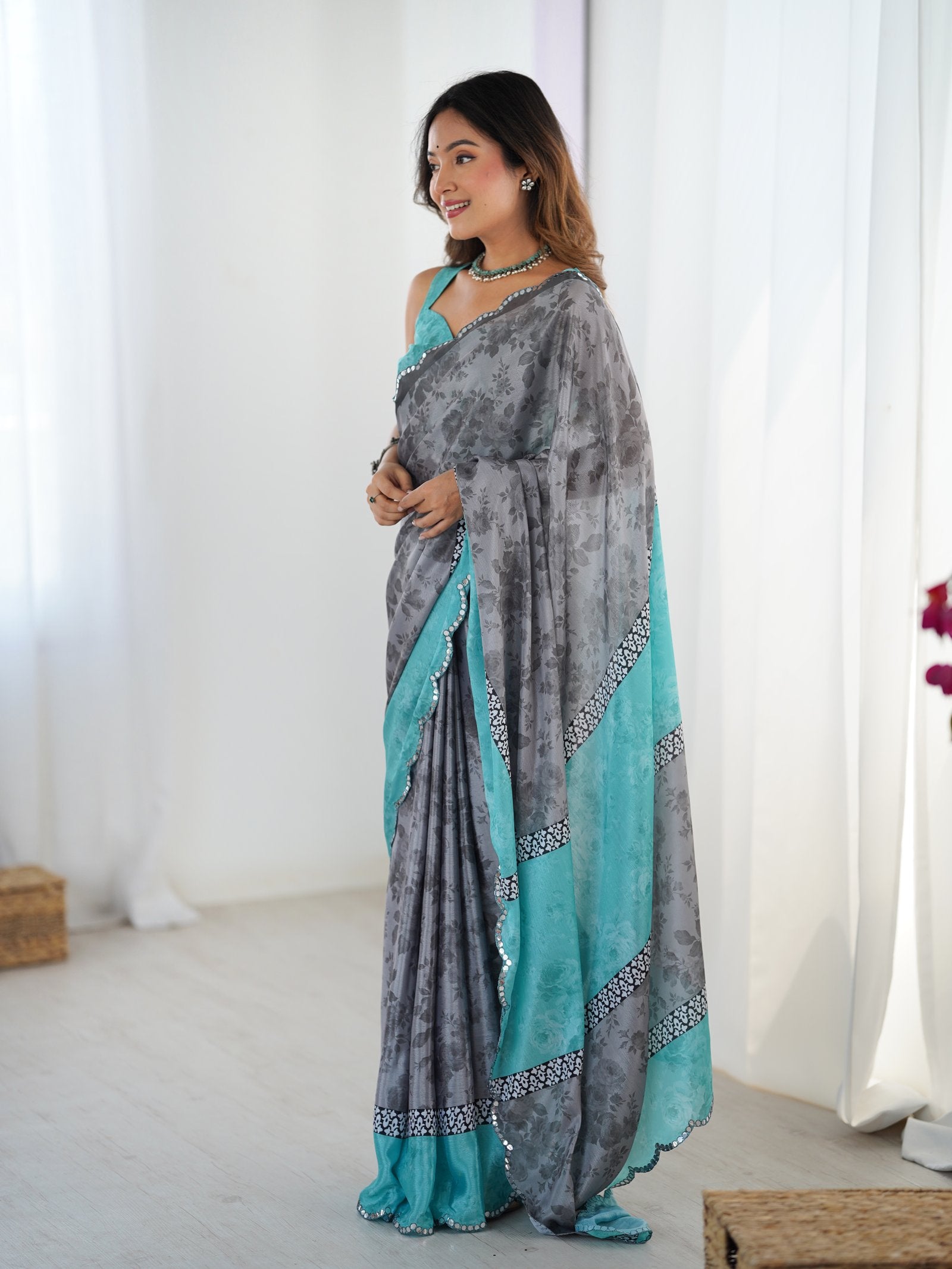 Elegant Grey Chinnon Saree with Aqua Scalloped Mirror Work Blouse