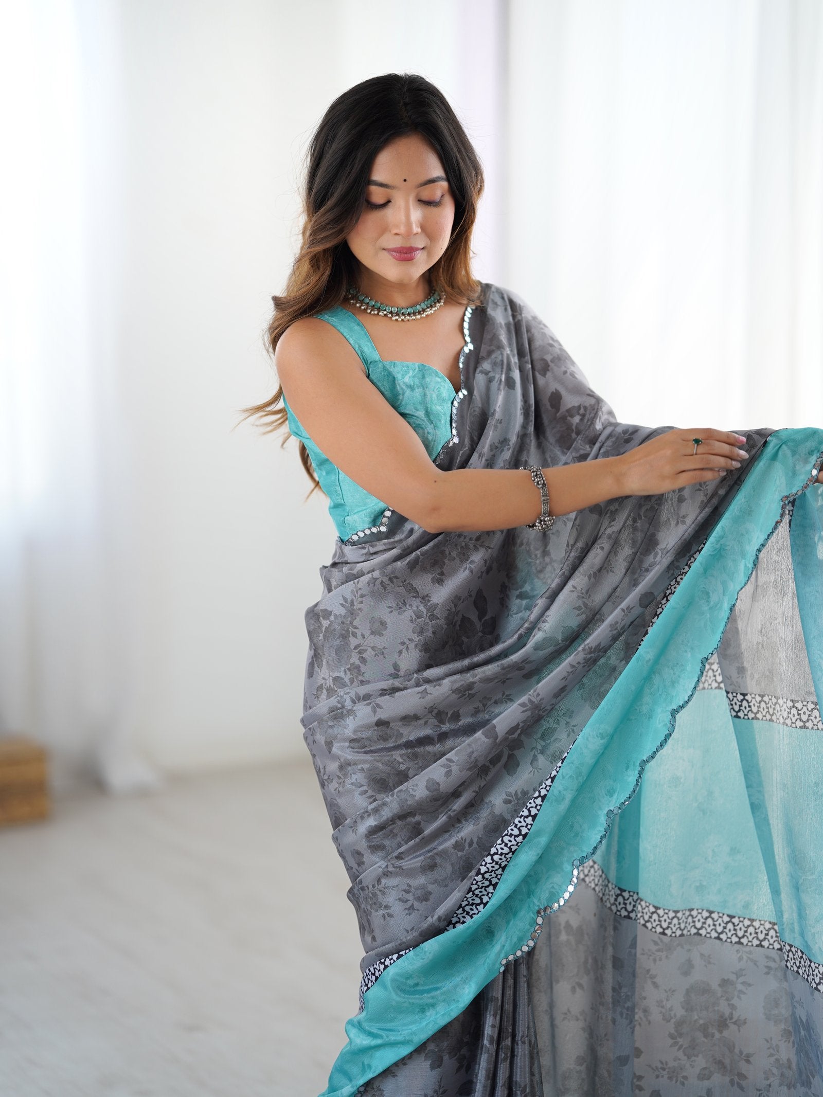 Elegant Grey Chinnon Saree with Aqua Scalloped Mirror Work Blouse