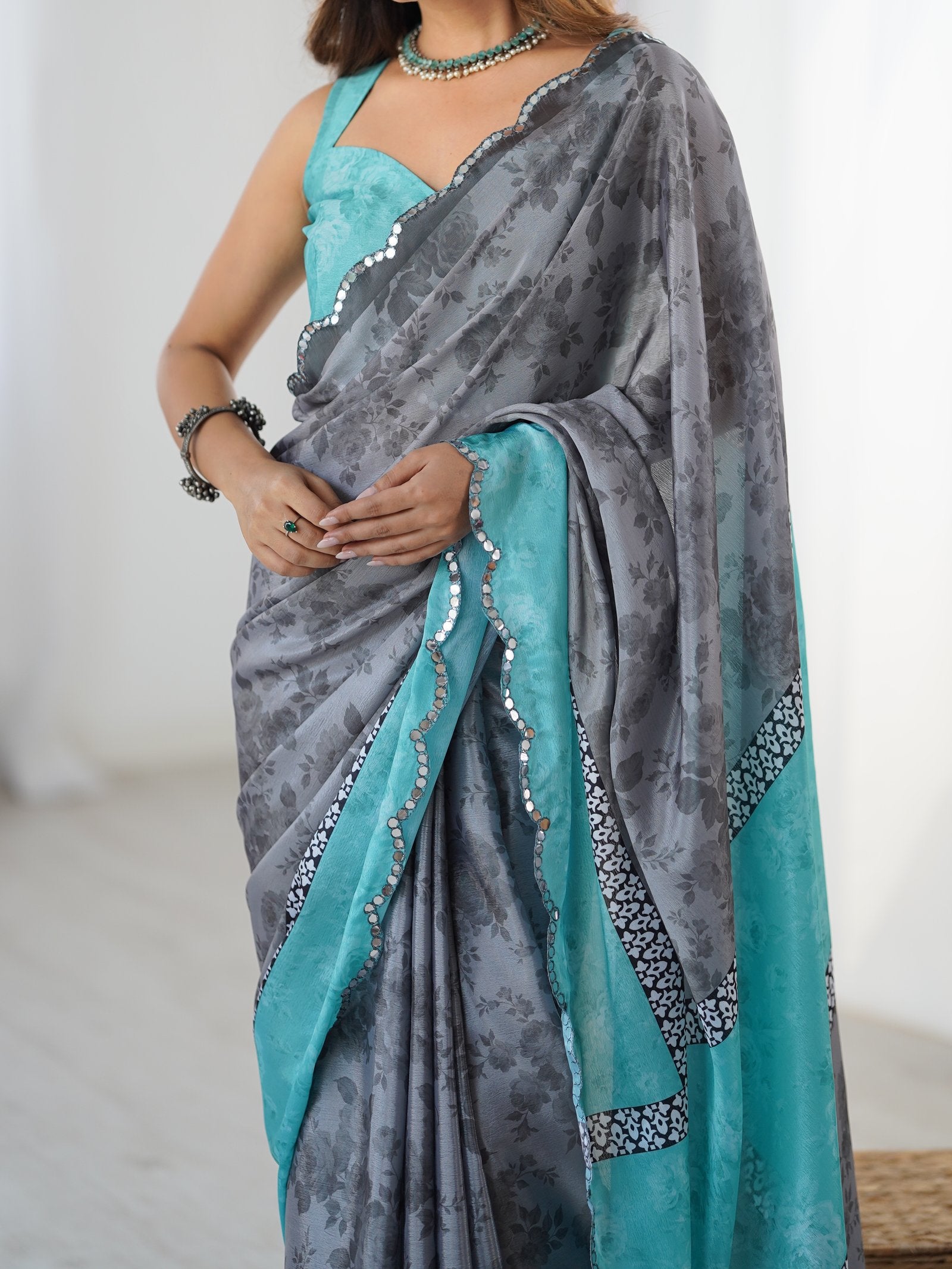Elegant Grey Chinnon Saree with Aqua Scalloped Mirror Work Blouse