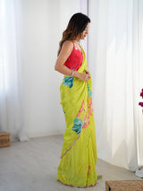 Lime Green Chinnon Saree with Floral Print & Mirror Border