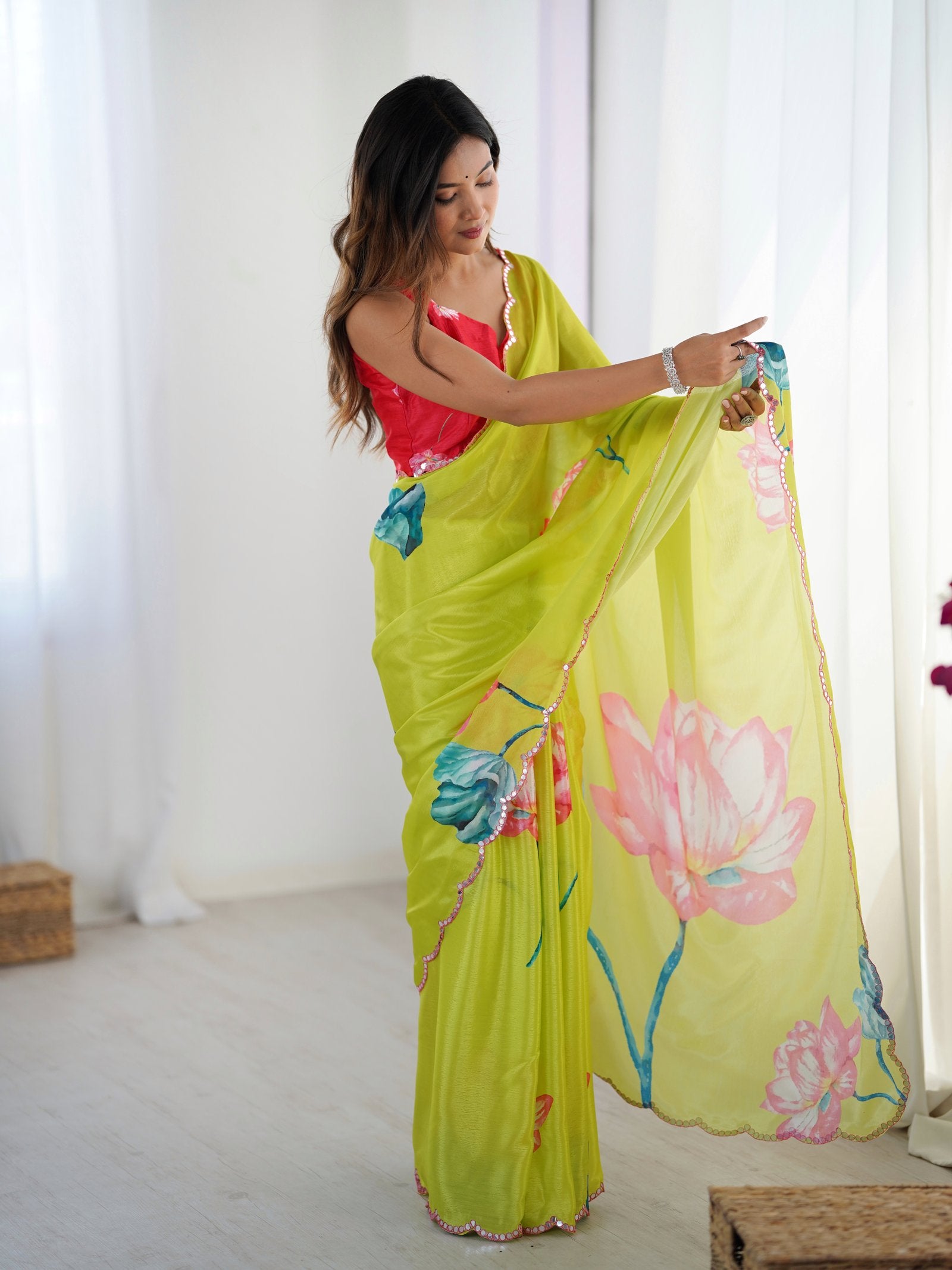 Lime Green Chinnon Saree with Floral Print & Mirror Border