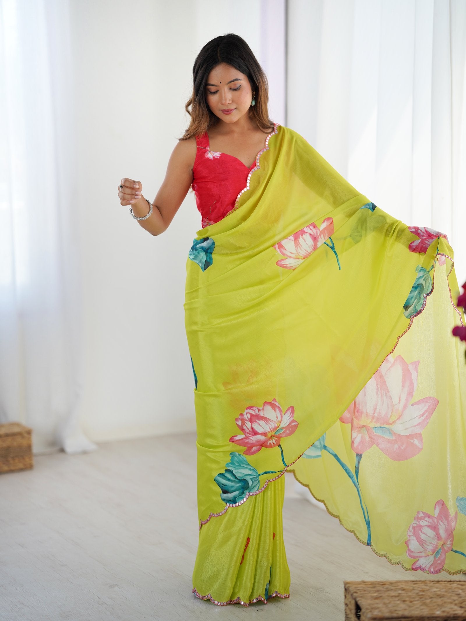 Lime Green Chinnon Saree with Floral Print & Mirror Border