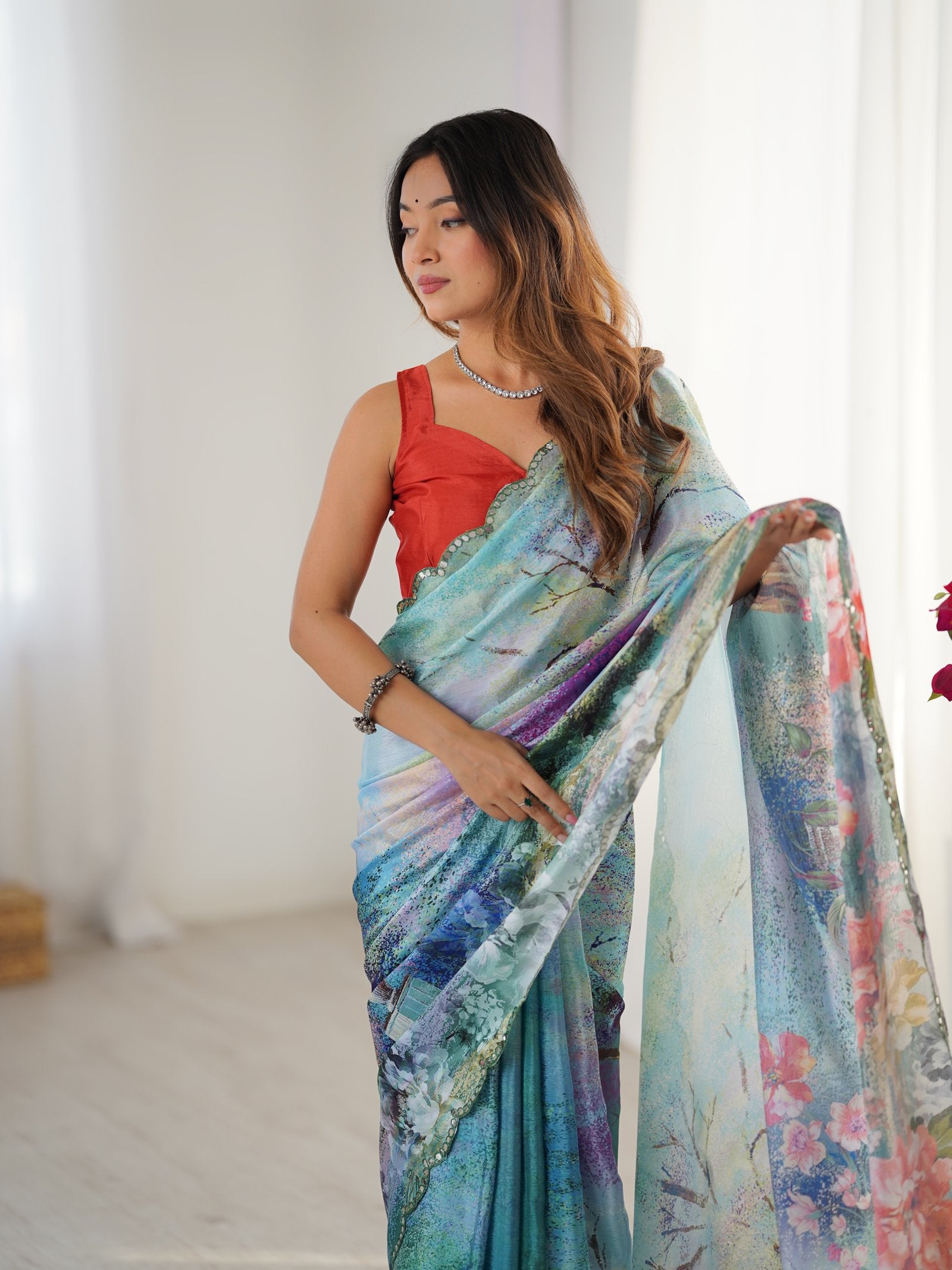 Multicolor Chinnon Saree with Kutchi Mirror Work Border - DVS-45