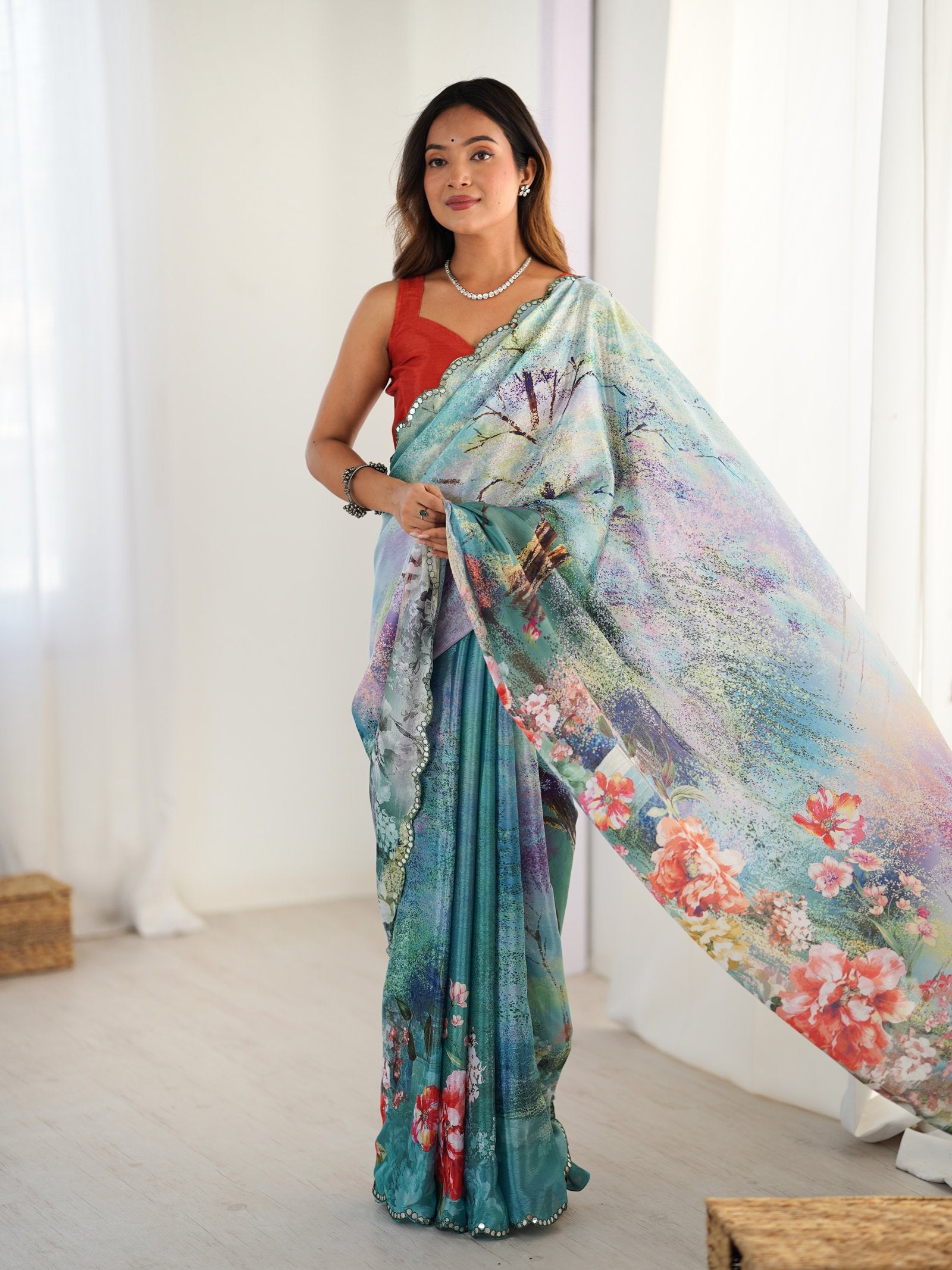 Multicolor Chinnon Saree with Kutchi Mirror Work Border - DVS-45