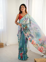 Multicolor Chinnon Saree with Kutchi Mirror Work Border - DVS-45