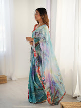 Multicolor Chinnon Saree with Kutchi Mirror Work Border - DVS-45