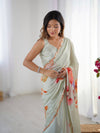 Elegant Pastel Green Chinnon Saree with Kutchi Mirror Border