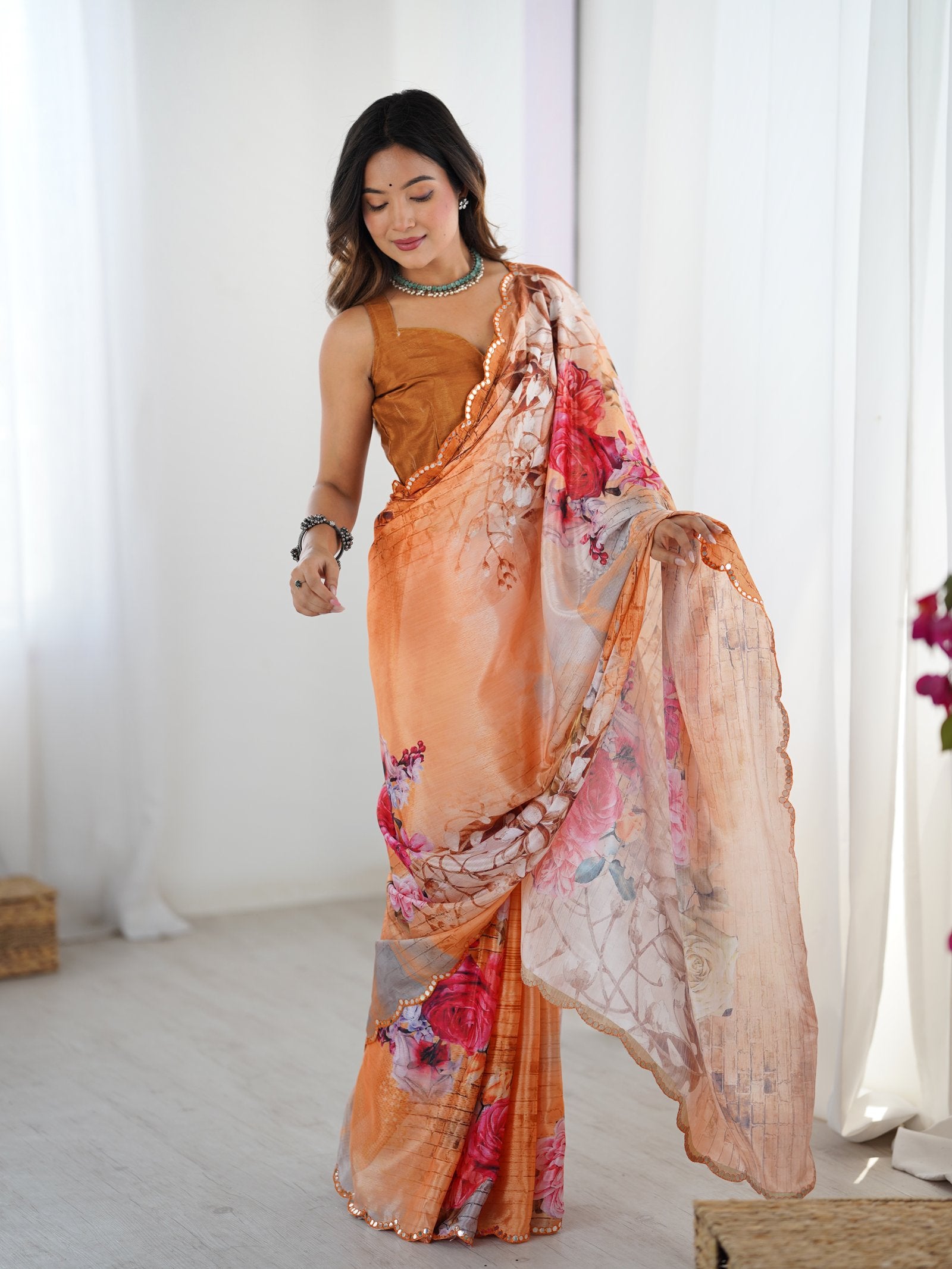 Peach Floral Chinnon Saree with Kutchi Mirror Work Border