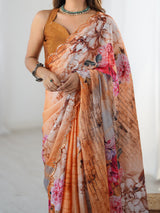 Peach Floral Chinnon Saree with Kutchi Mirror Work Border