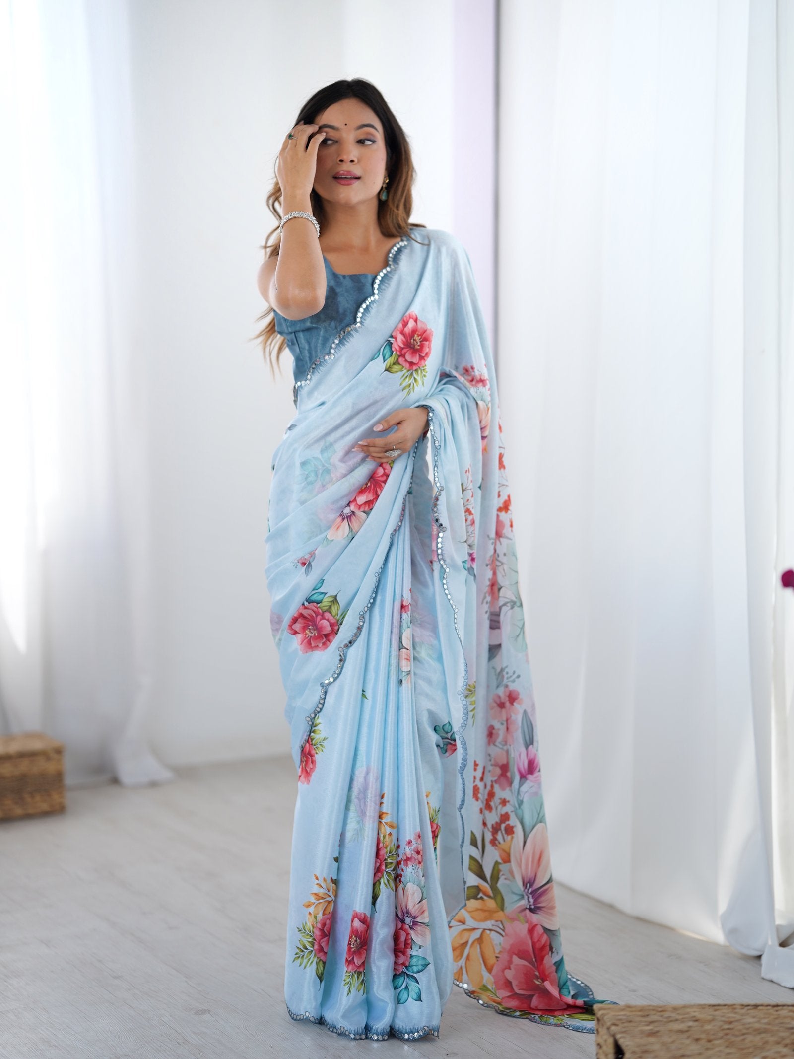Sky Blue Chinnon Saree with Floral Print & Mirror Border