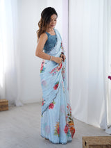 Sky Blue Chinnon Saree with Floral Print & Mirror Border