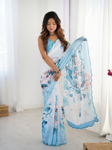 White & Blue Floral Print Heavy Chinnon Saree with Mirror Lace