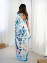 White & Blue Floral Print Heavy Chinnon Saree with Mirror Lace