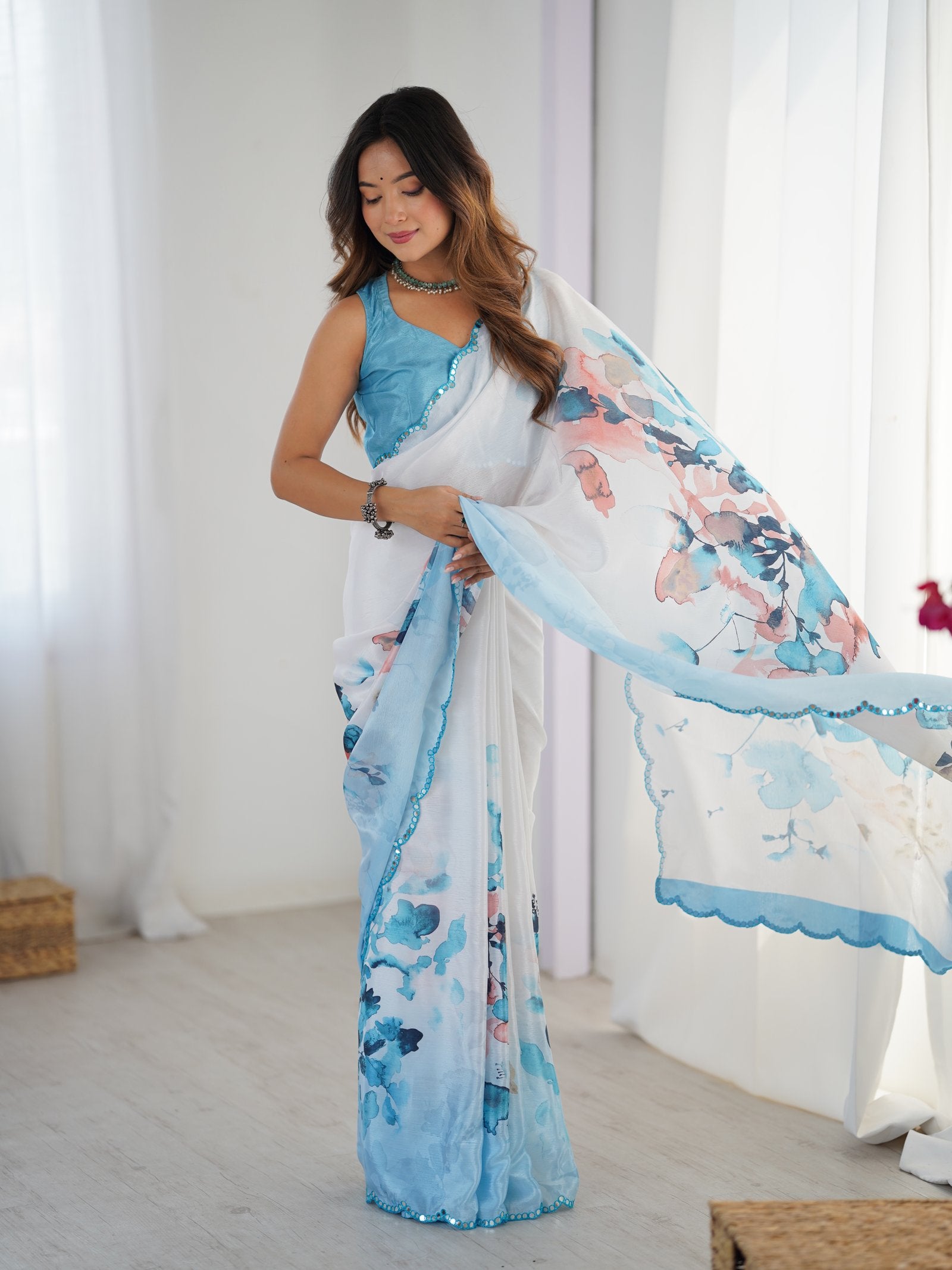 White & Blue Floral Print Heavy Chinnon Saree with Mirror Lace