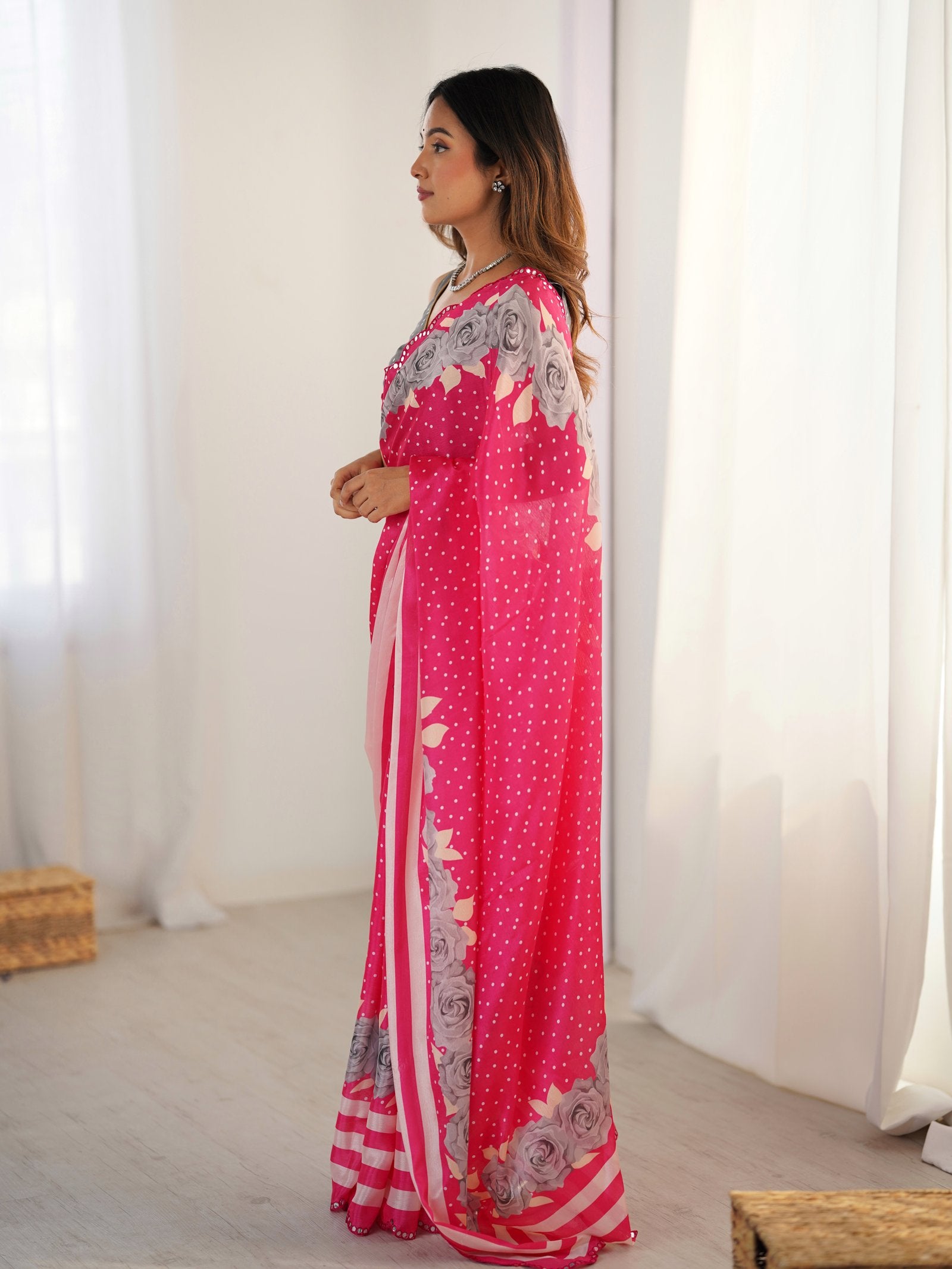 Rani Pink Chinnon Saree with Kutchi Mirror Work Border