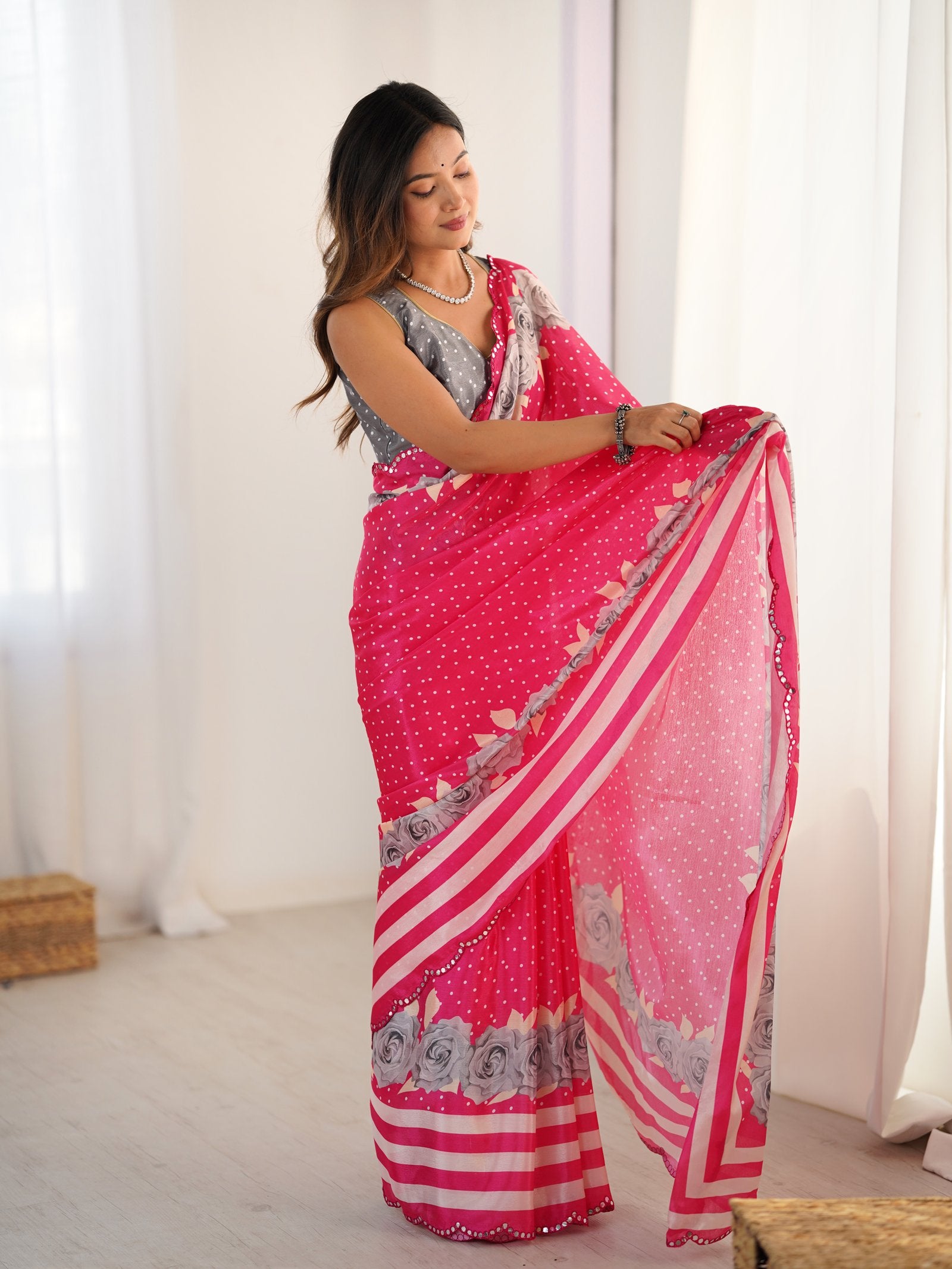 Rani Pink Chinnon Saree with Kutchi Mirror Work Border