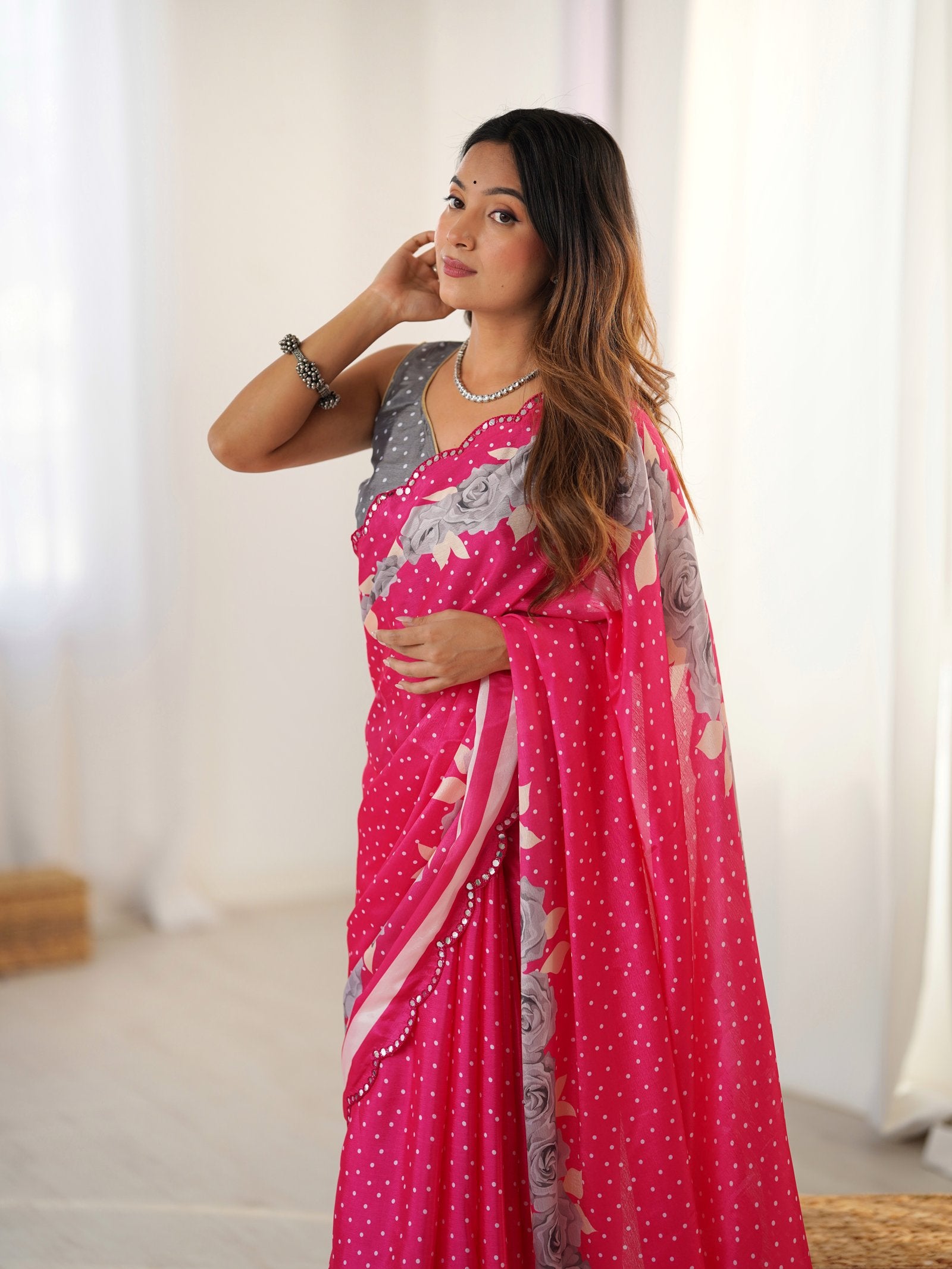 Rani Pink Chinnon Saree with Kutchi Mirror Work Border