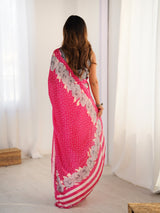 Rani Pink Chinnon Saree with Kutchi Mirror Work Border