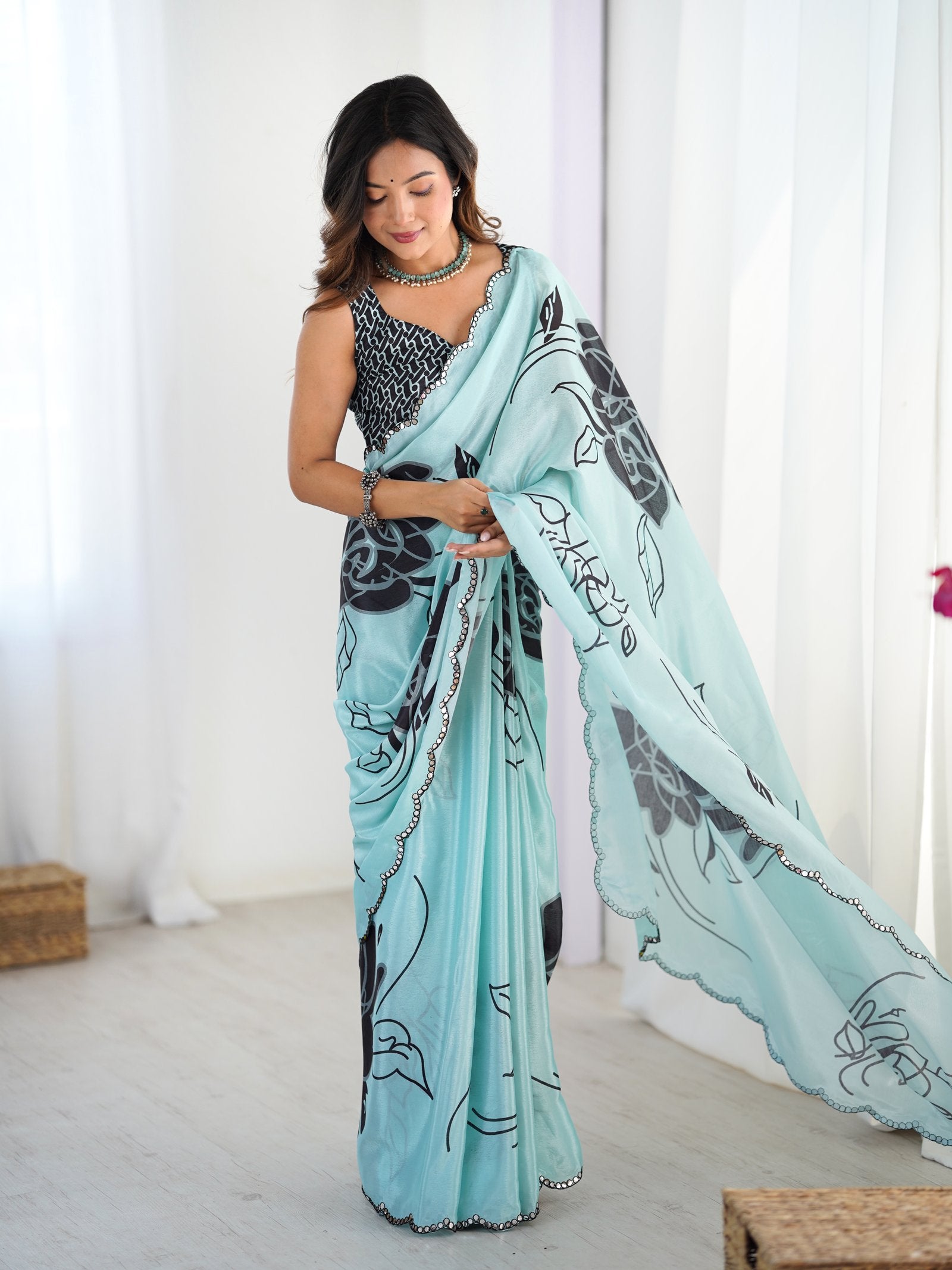 DVS-60 Sky Blue Chinnon Saree with Kutchi Mirror Work