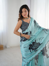 DVS-60 Sky Blue Chinnon Saree with Kutchi Mirror Work