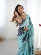 DVS-60 Sky Blue Chinnon Saree with Kutchi Mirror Work