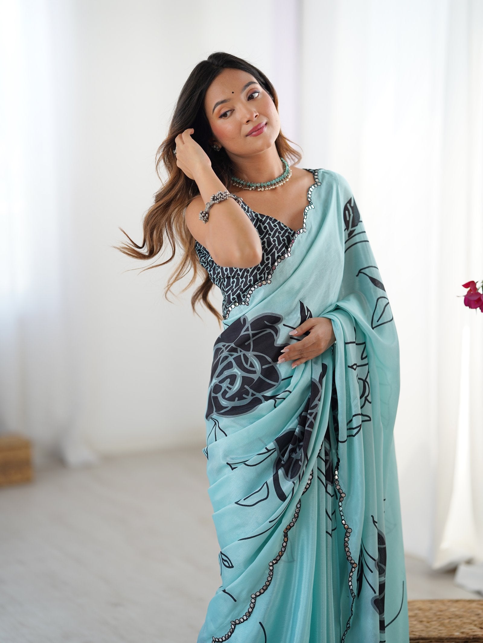 DVS-60 Sky Blue Chinnon Saree with Kutchi Mirror Work