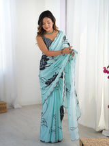 DVS-60 Sky Blue Chinnon Saree with Kutchi Mirror Work