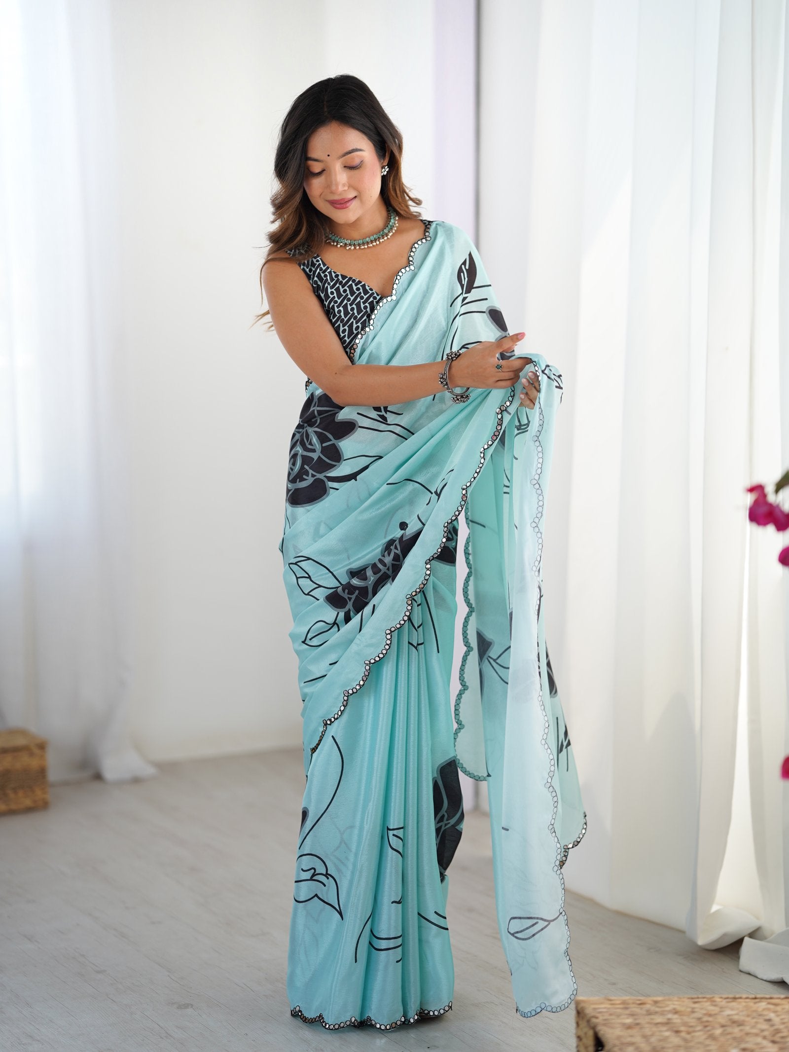 DVS-60 Sky Blue Chinnon Saree with Kutchi Mirror Work