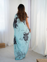 DVS-60 Sky Blue Chinnon Saree with Kutchi Mirror Work