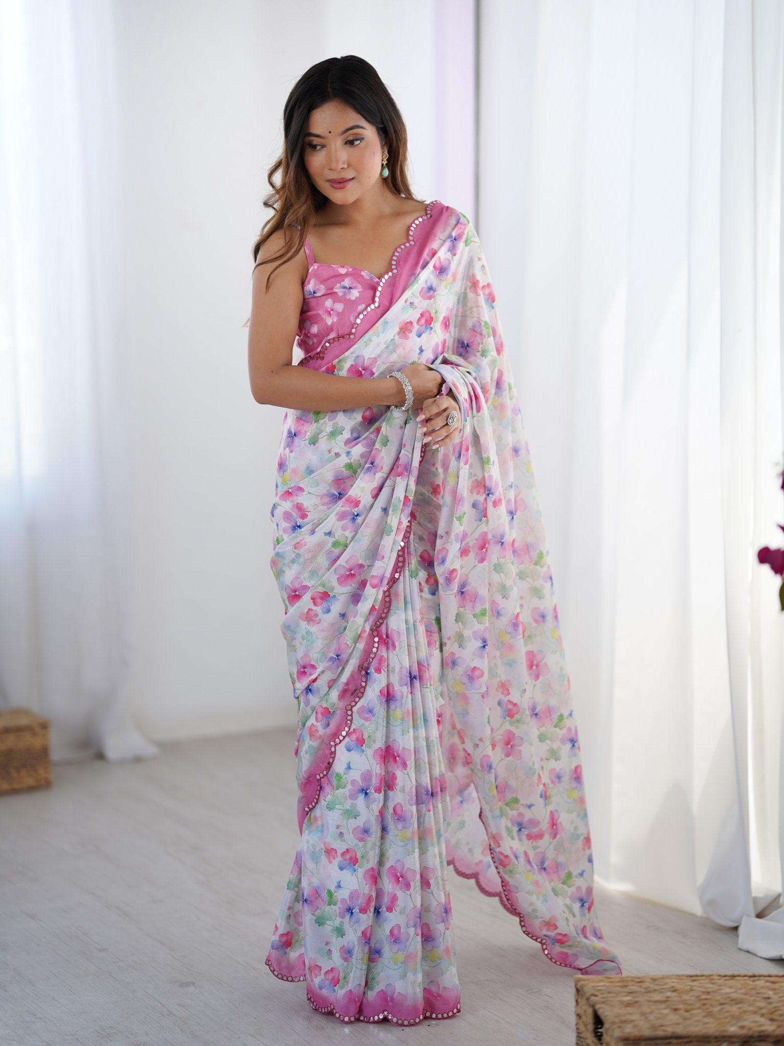 DVS-65 White Floral Chinnon Saree with Mirror Border