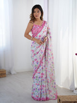 DVS-65 White Floral Chinnon Saree with Mirror Border