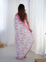 DVS-65 White Floral Chinnon Saree with Mirror Border